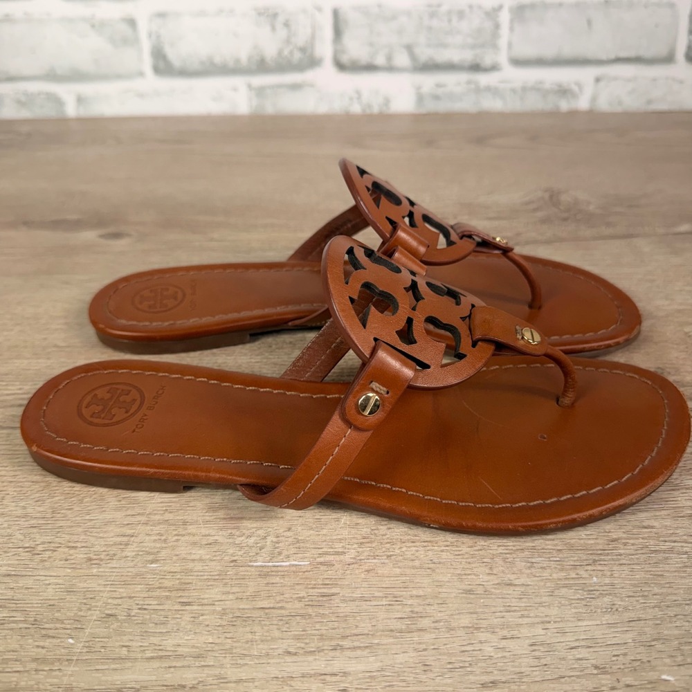 Tory Burch Miller Leather Logo Thong Sandals Tan Womens 9.5 - Picture 3 of 7